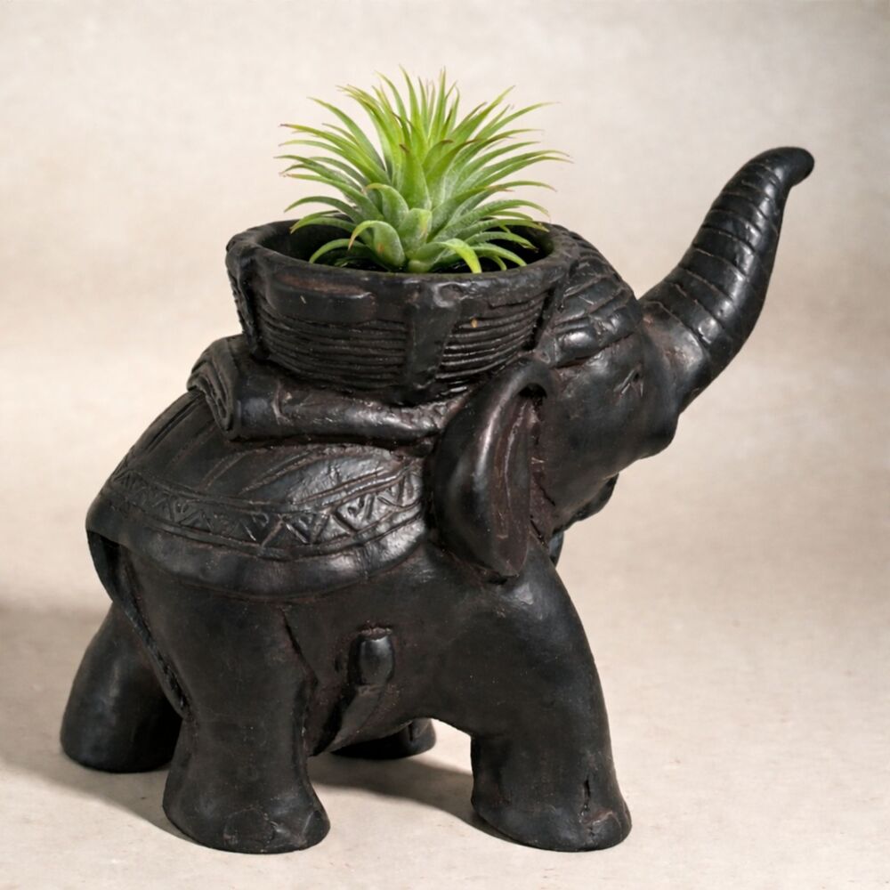 Vintage Elephant Basket Figurine Tribal Style Resin Safari Decor 5"